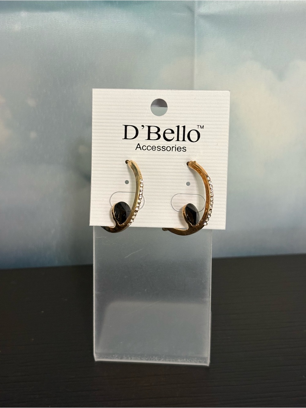 D’Bello  earrings gold tone open hoop accented small stones black charm. New.